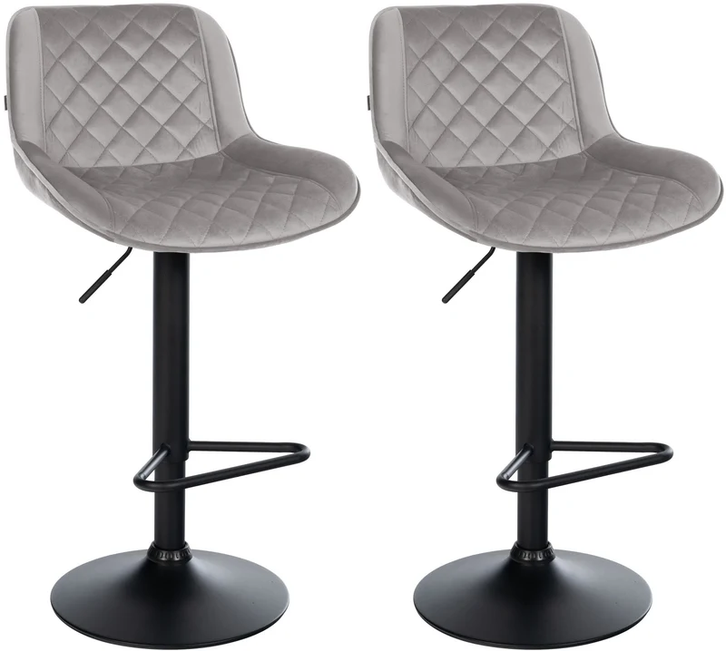 Lot de 2 tabourets de bar repose-pieds hauteur réglable en velours gris coutures losange cadre métal noir 10_0006193