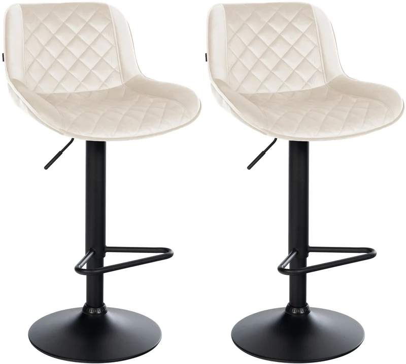Lot de 2 tabourets de bar repose-pieds hauteur réglable en velours crème coutures losange cadre métal noir 10_0005979