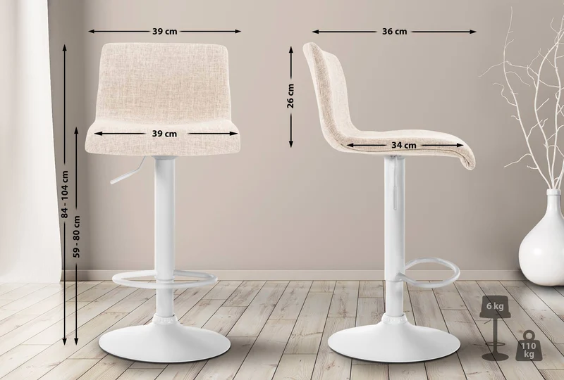 Tabouret de bar x1 en tissu crème cadre métal blanc repose-pieds style moderne 10_0005633