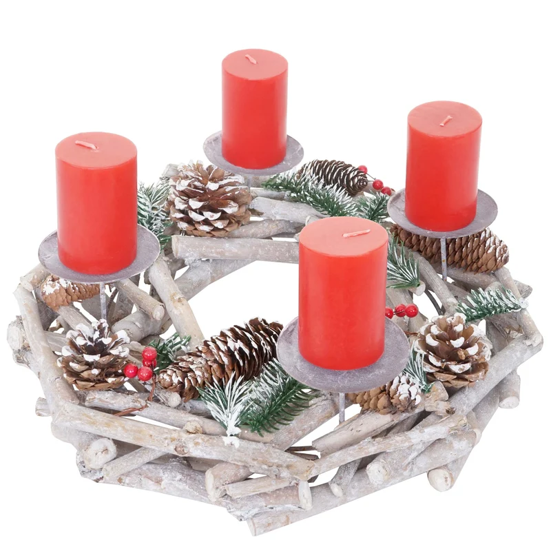 Couronne de l'Avent ronde décoration de table Noël en bois Ø 35cm blanc-gris avec bougies blanc 04_0002566
