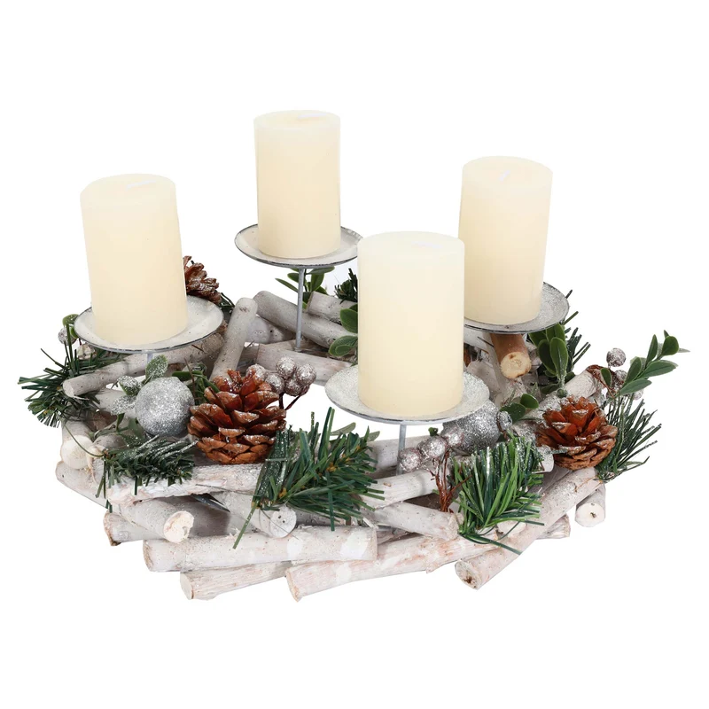 Couronne de l'avent couronne de table décoration de noël bois argent blanc diamètre 30 cm avec bougies 04_0006548