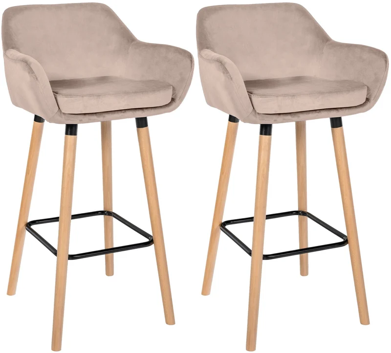Lot de 2 tabourets de bar design scandinave en velours gris clair cadre en bois repose-pieds en métal 10_0006450