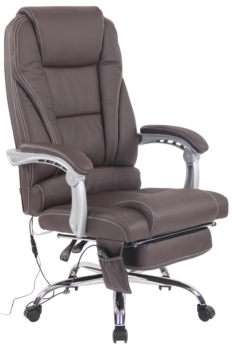 Fauteuil de bureau ergonomique fonction massage avec repose-pieds extensible accoudoirs véritable cuir marron et métal 10_0006986