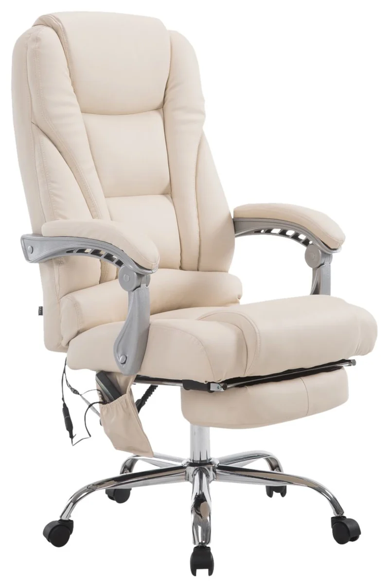 Fauteuil de bureau ergonomique fonction massage avec repose-pieds extensible accoudoirs en PVC crème et métal 10_0006967