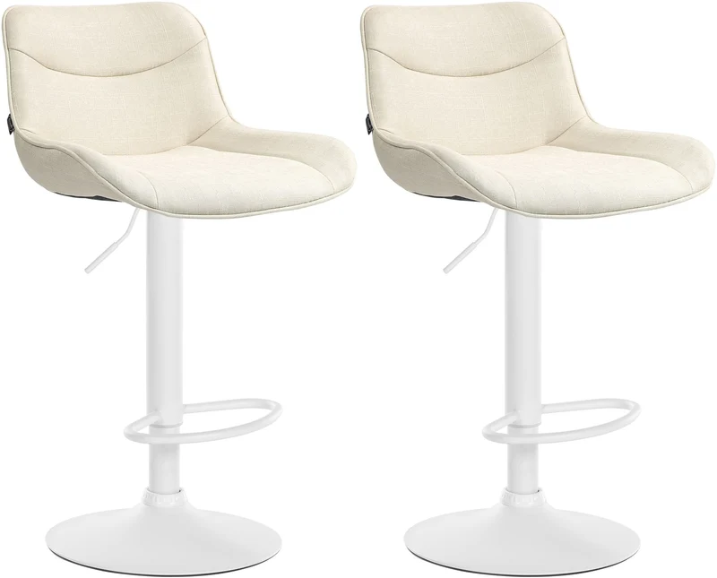 Lot de 2 tabourets de bar pivotant forme ergonomique surpiqûres décoratives en tissu crème cadre en métal blanc 10_0006004