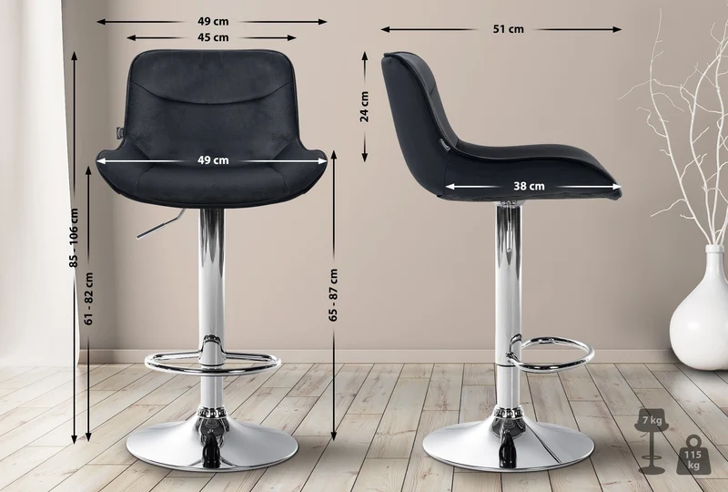 Tabouret de bar x1 pivotant forme ergonomique surpiqûres décoratives en velours noir cadre en métal chromé 10_0005972