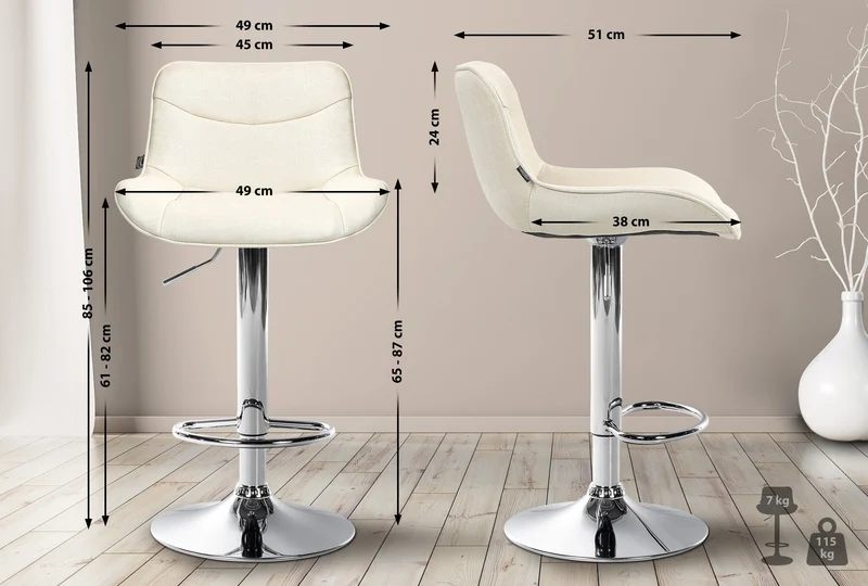 Tabouret de bar x1 pivotant forme ergonomique surpiqûres décoratives en tissu crème cadre en métal chromé 10_0005770