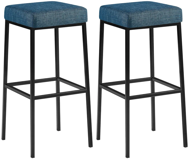 Lot de 2 tabourets de bar avec repose-pieds assises carrées hauteur 80 cm en tissu bleu et métal noir 10_0006072