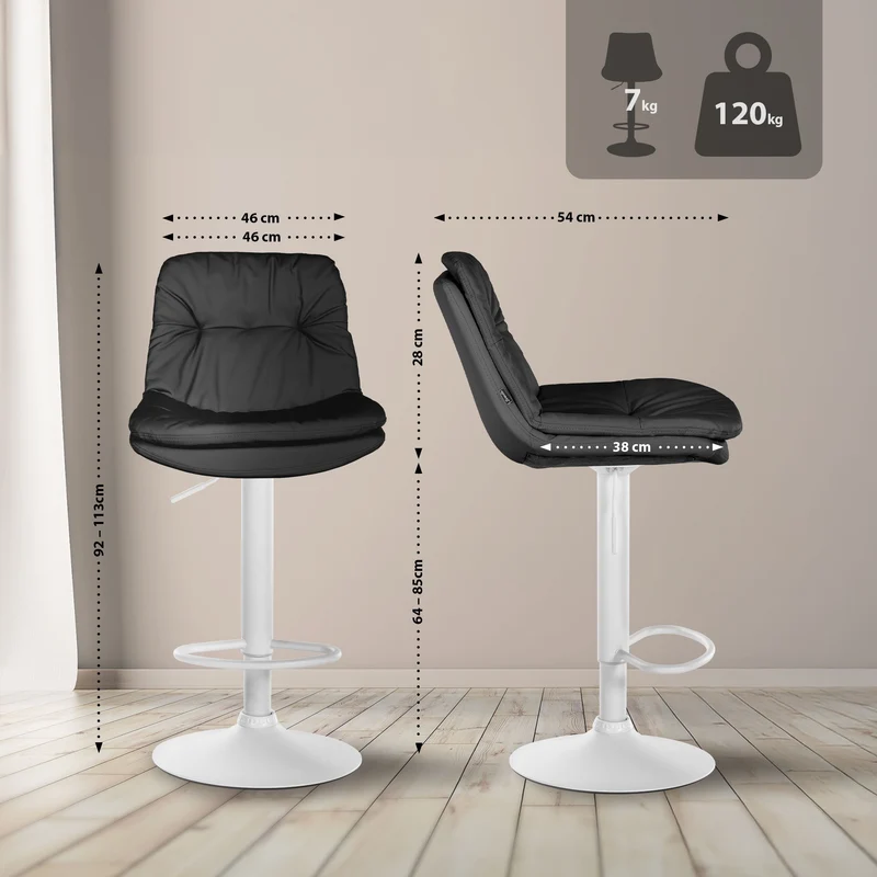Tabouret chaise haute x1 pour cuisine et bar à assise moelleuse en similicuir noir cadre en métal blanc 10_0005703
