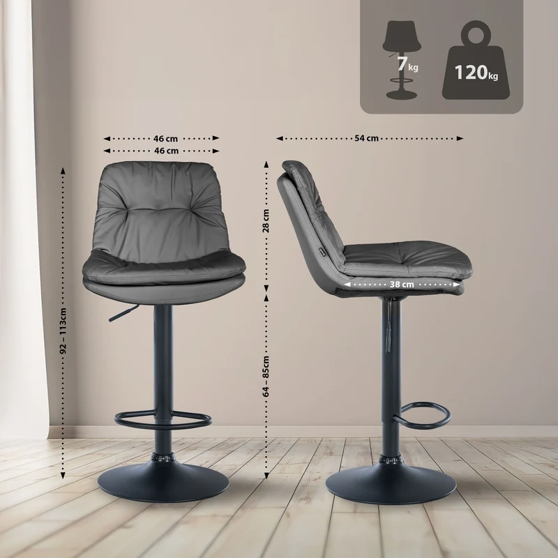 Tabouret chaise haute x1 pour cuisine et bar à assise moelleuse en similicuir gris cadre en métal noir 10_0005702