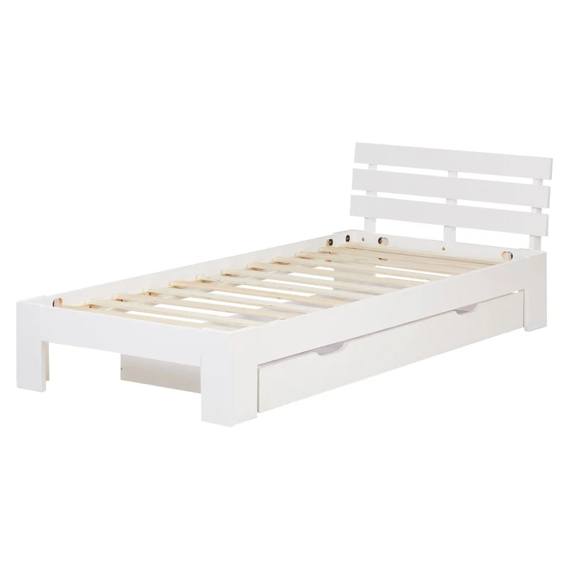 Lit simple en bois blanc de pin 90x200 avec sommier à lattes et tiroir de rangement LIT06231
