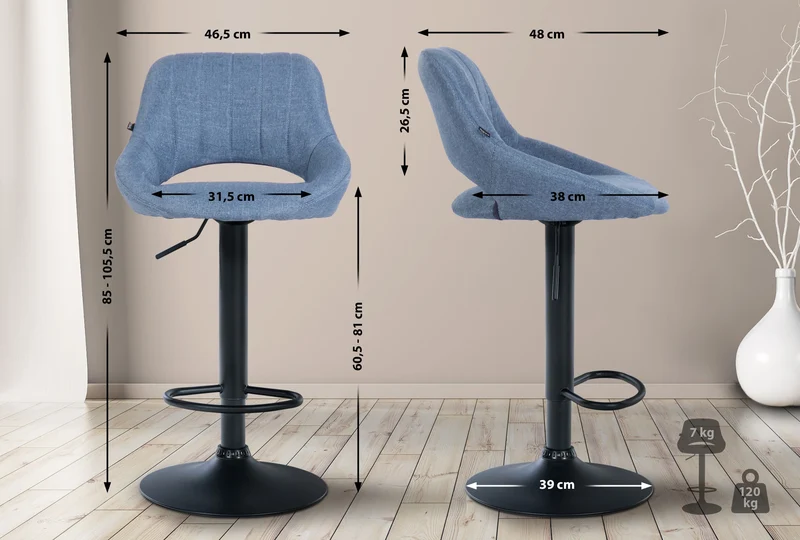 Tabouret de bar x1 réglable en hauteur en tissu bleu dossier ajouré et pied métal noir 10_0006190