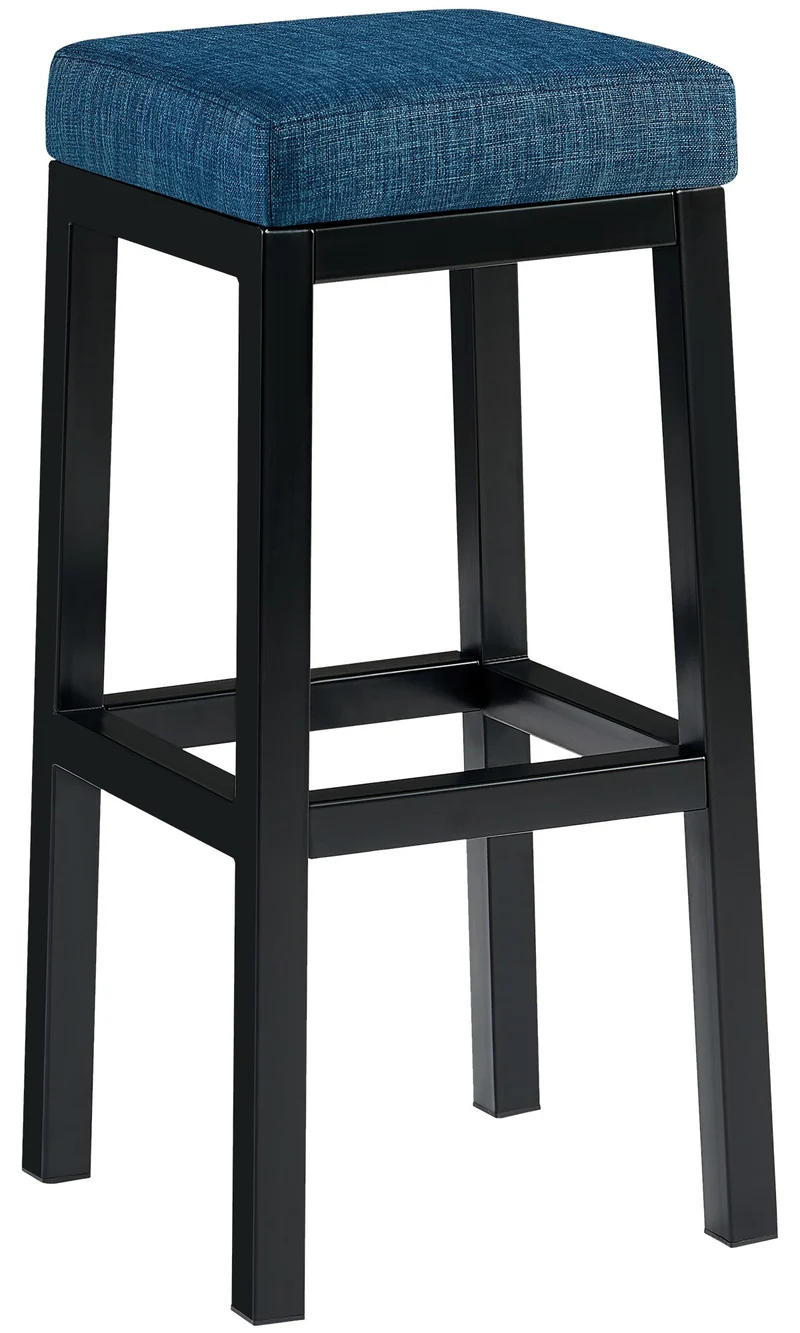 Tabouret de bar x1 assise carrée rembourrée en tissu bleu hauteur d'assise 83 cm structure en métal noir 10_0005756