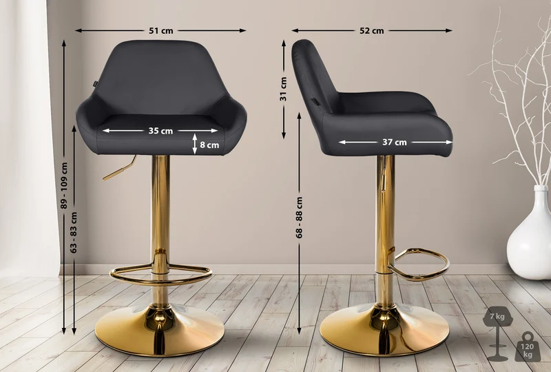 Tabouret de bar x1 avec repose-pieds et accoudoirs en similicuir noir piètement en trompette métal doré 10_0006022