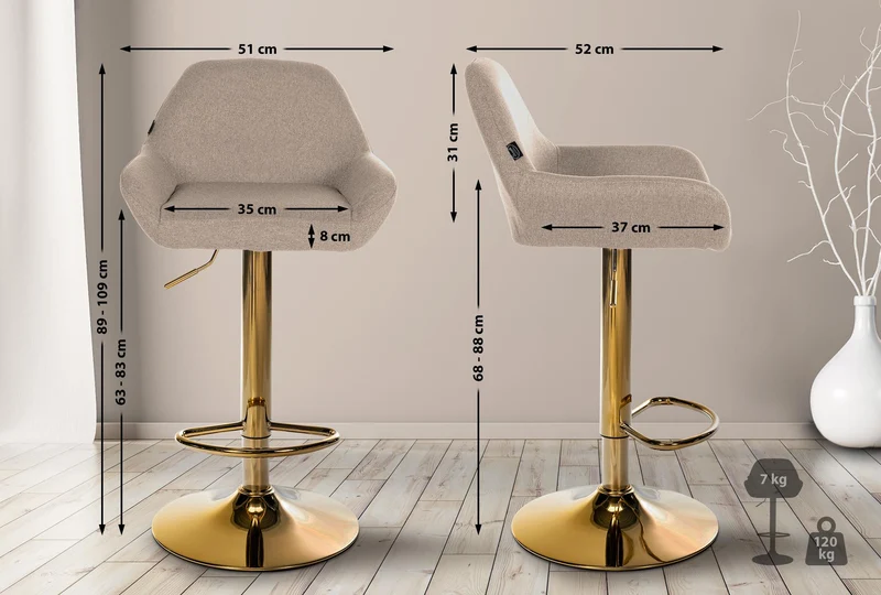 Tabouret de bar x1 avec repose-pieds et accoudoirs en tissu taupe piètement en trompette métal doré 10_0005603