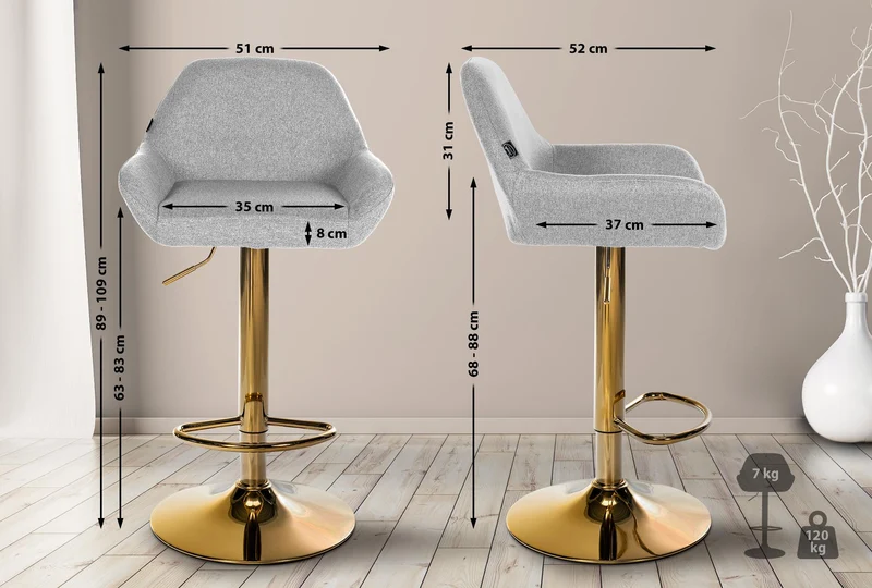 Tabouret de bar x1 avec repose-pieds et accoudoirs en tissu gris piètement en trompette métal doré 10_0005602