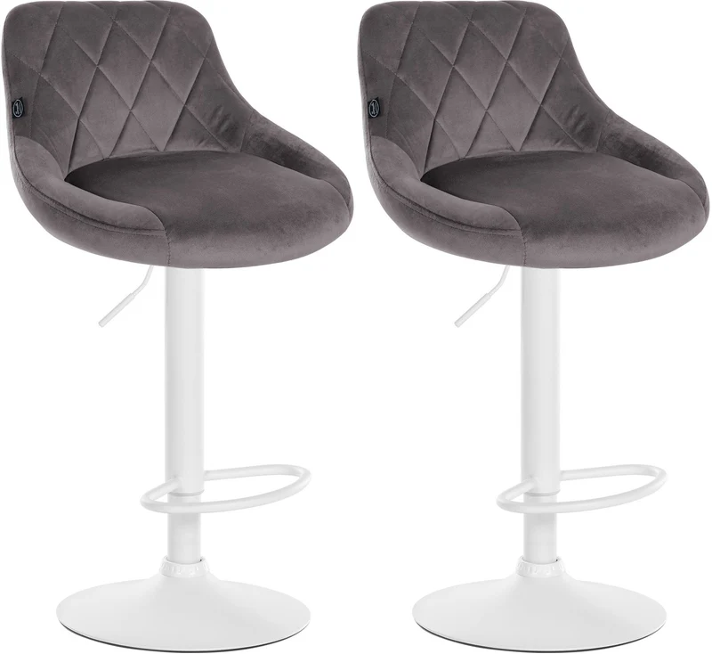 Lot de 2 tabourets de bar pivotant hauteur réglable en velours gris surpiqûres décoratives cadre en métal blanc 10_0006318