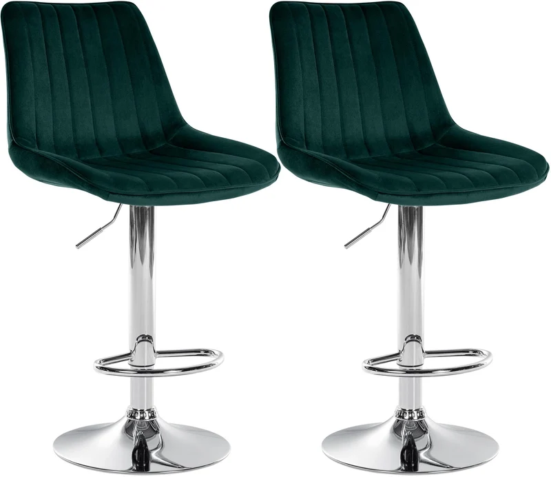Lot de 2 tabourets de bar réglable en hauteur pivotant à 360° assise en velours vert couture verticale pied métal chromé 10_0006734