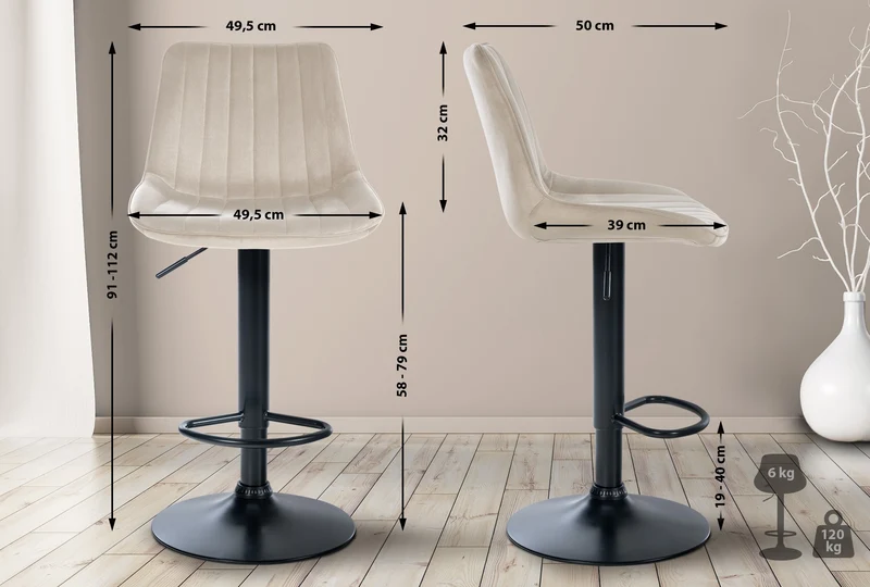 Lot de 2 tabourets de bar réglable en hauteur pivotant à 360° assise en velours crème couture verticale pied métal noir 10_0005910