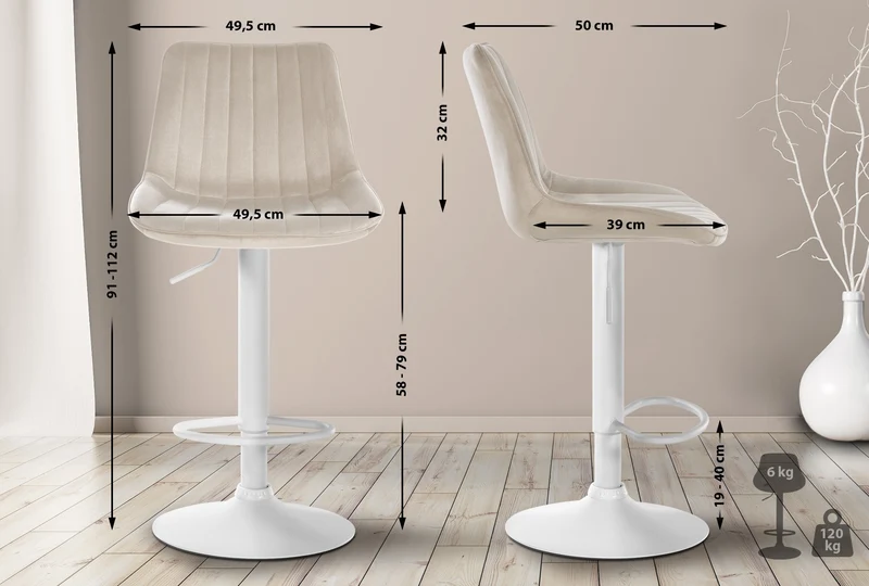 Lot de 2 tabourets de bar réglable en hauteur pivotant à 360° assise en velours crème couture verticale pied métal blanc 10_0005908
