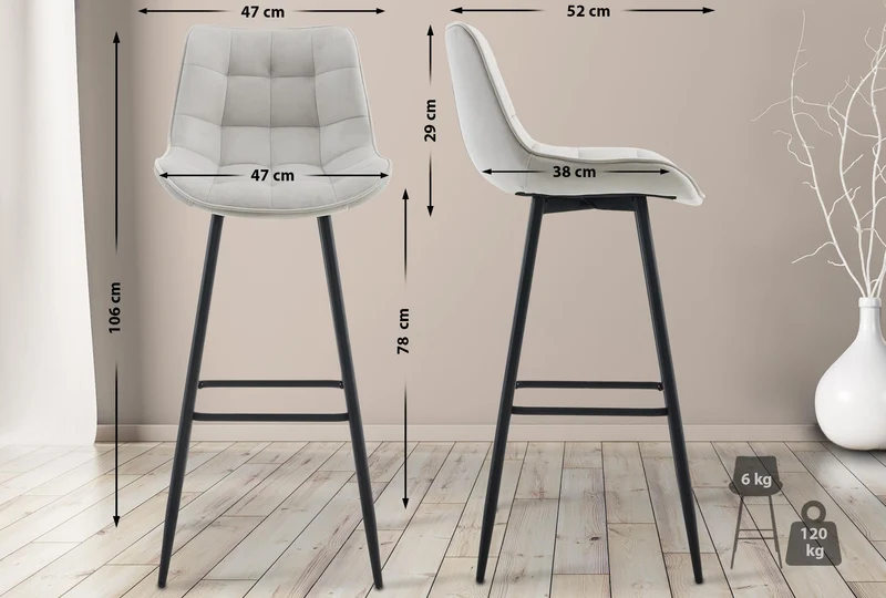 Lot de 2 tabourets de bar coutures décoratives carrées avec repose-pieds en velours gris quatre pieds en métal 10_0006823