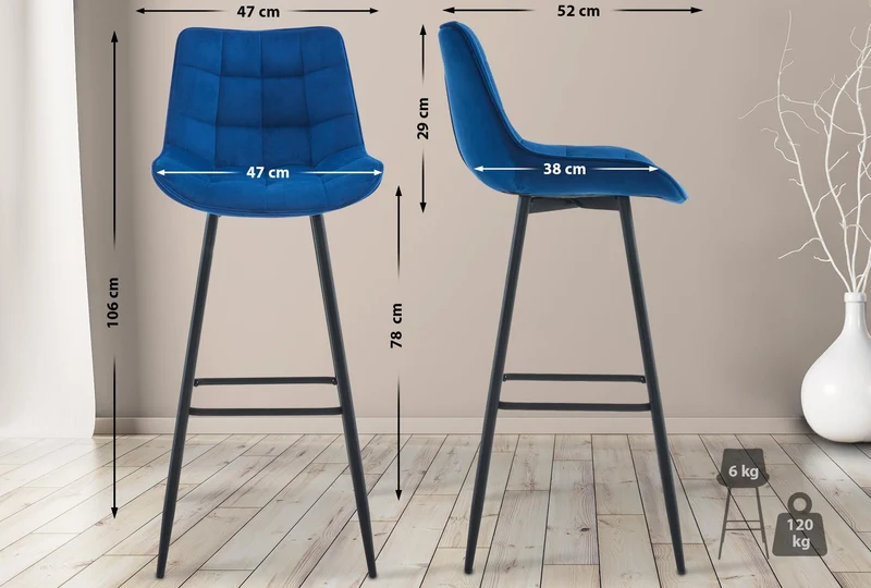 Tabouret de bar x1 coutures décoratives carrées avec repose-pieds en velours bleu quatre pieds en métal 10_0006423