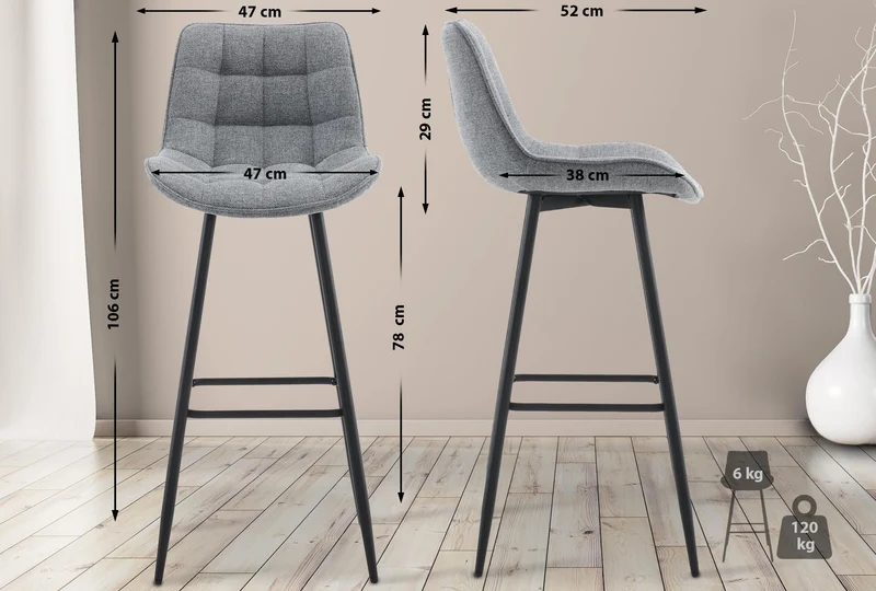 Lot de 2 tabourets de bar coutures décoratives carrées avec repose-pieds en tissu gris quatre pieds en métal 10_0006387