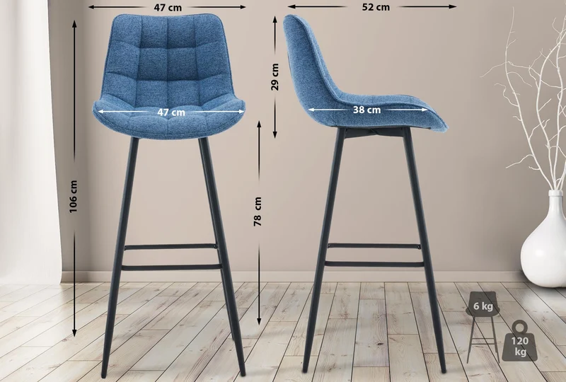 Tabouret de bar x1 coutures décoratives carrées avec repose-pieds en tissu bleu quatre pieds en métal 10_0006224