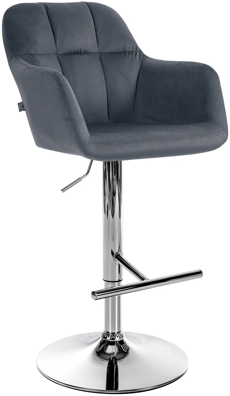 Tabouret de bar chaise haute x1 fonction rotation 360° en velours gris foncé avec coutures décoratives piètement métal chromé 10_0005267