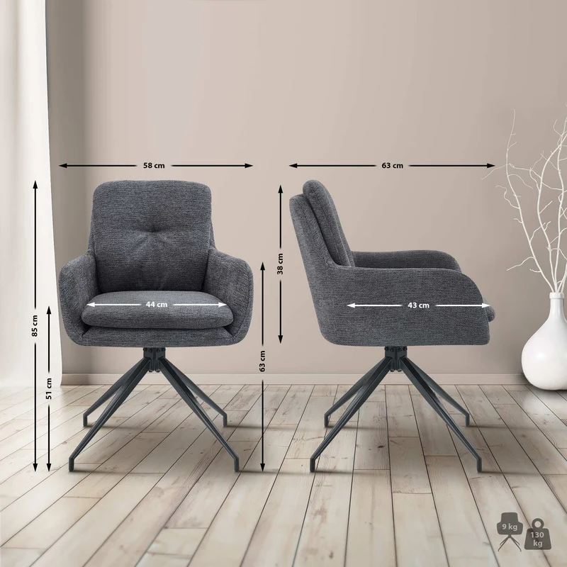 Chaise de salle à manger x1 fonction pivotante confortable et moderne en tissu gris foncé cadre métal 10_0007176