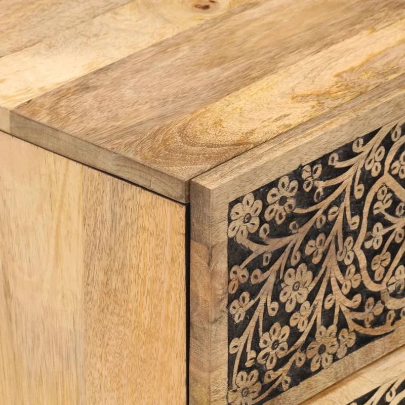 Lot de 2 tables de chevet avec deux tiroirs motif sculpté à la main 40 x 33 x 46 cm bois de manguier bois d'ingénierie et fer DEC034786