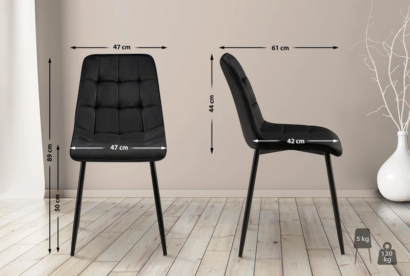 Chaise de salle à manger x1 coutures décoratives carrées en velours noir cadre métal noir 10_0007204
