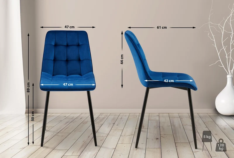 Chaise de salle à manger x1 coutures décoratives carrées en velours bleu foncé cadre métal noir 10_0007203