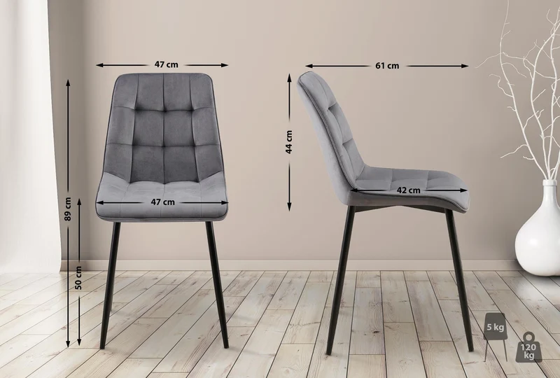 Chaise de salle à manger x1 coutures décoratives carrées en velours gris foncé cadre métal noir 10_0007202
