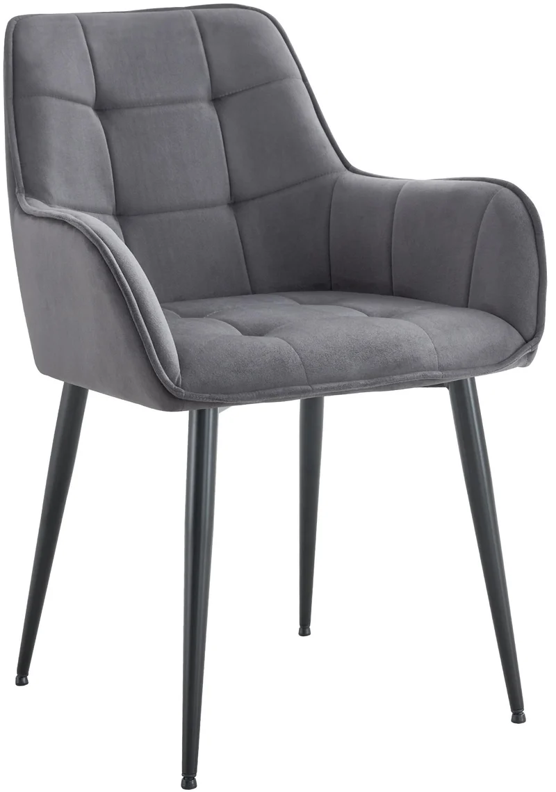 Chaise de salle à manger x1 avec accoudoirs en velours gris foncé capitonné cadre métal noir 10_0007193