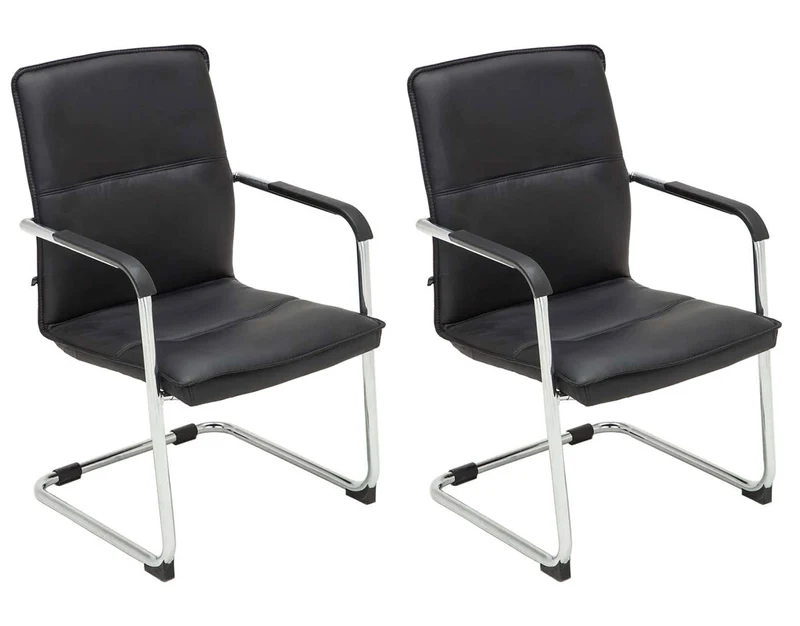 Lot de 2 fauteuils de bureau chaises visiteur avec accoudoirs en PVC noir et métal chromé 10_0001886