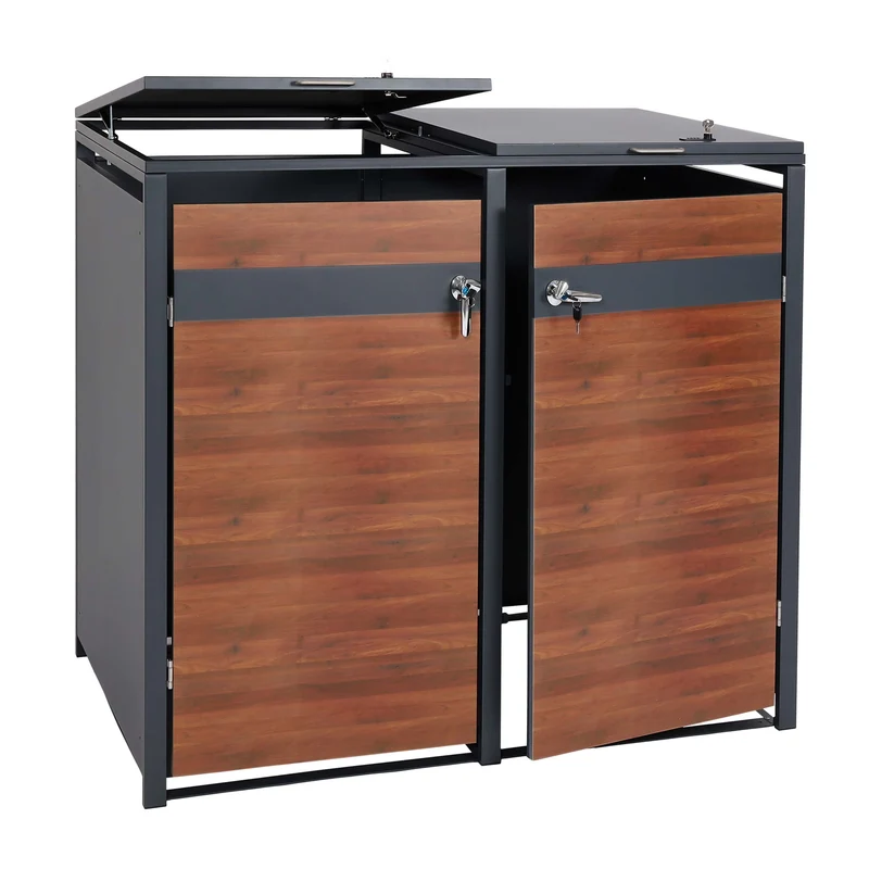 Lot de 2 caisses de rangement pour poubelles Structure en métal anthracite avec portes en imitation bois de cerisier – Extensible – 50 kg 04_0006995