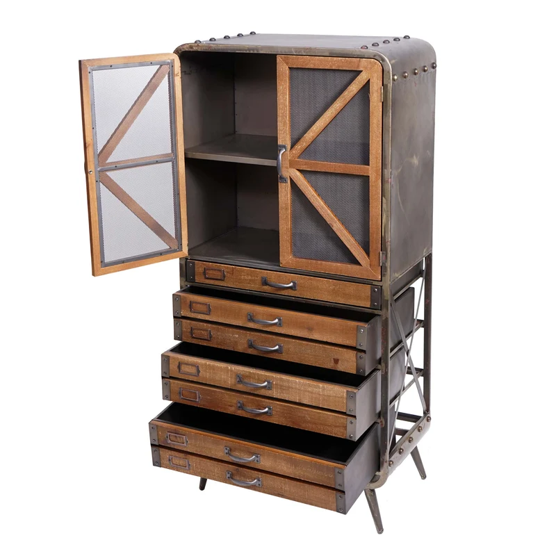 Armoire haute buffet meuble de salon en bois de sapin et métal design industriel 128 x 60 x 33 cm marron-noir 04_0005758
