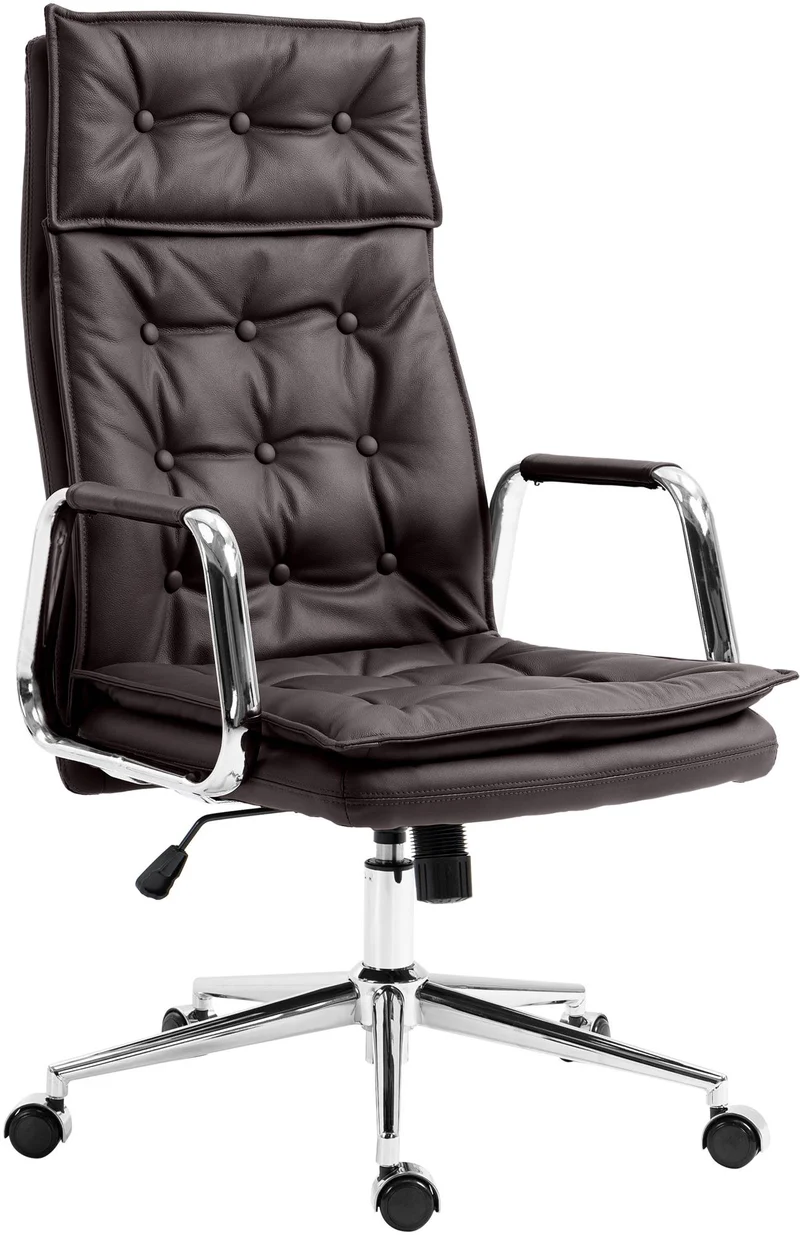 Fauteuil de bureau capitonné rembourrage épais en véritable cuir marron et pieds métal chromé 10_0002645