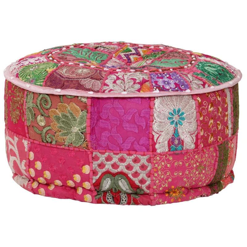 Pouf tabouret repose-pied rond en coton en patchwork fait à la main 40 x 20 cm rose DEC030017