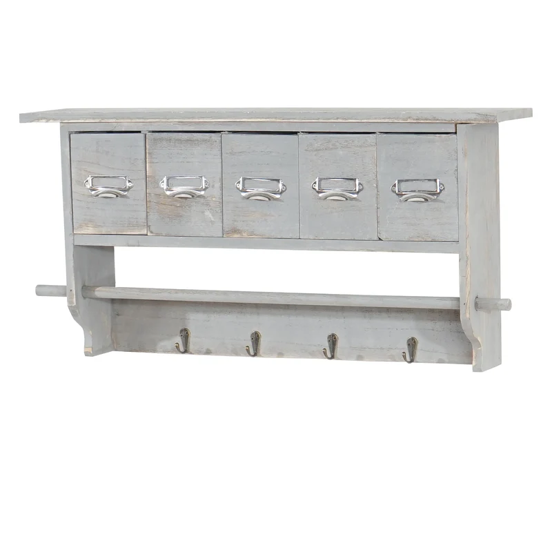 Porte manteau mural étagère murale avec 4 crochets tringle vintage avec 5 tiroirs 32x65x13cm gris 04_0000965
