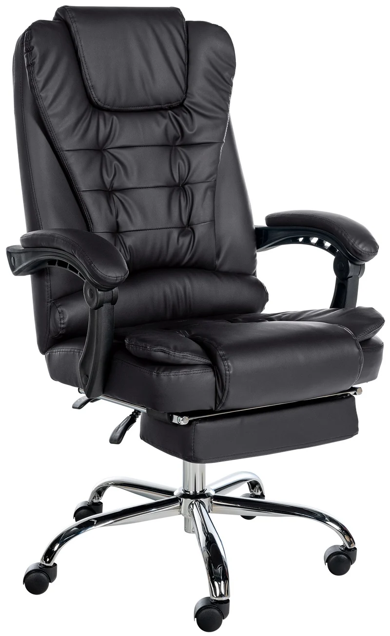 Fauteuil de bureau ergonomique généreusement rembourrée avec repose-pieds en PVC noir et métal chromé 10_0002568