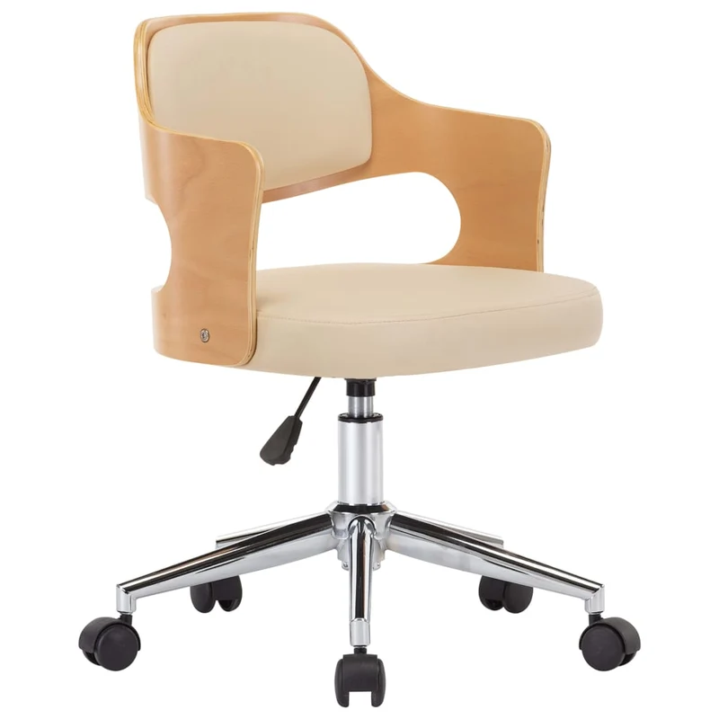 Chaise de bureau sur roulettes pivotante hauteur réglable bois courbé métal et PVC crème DEC025138