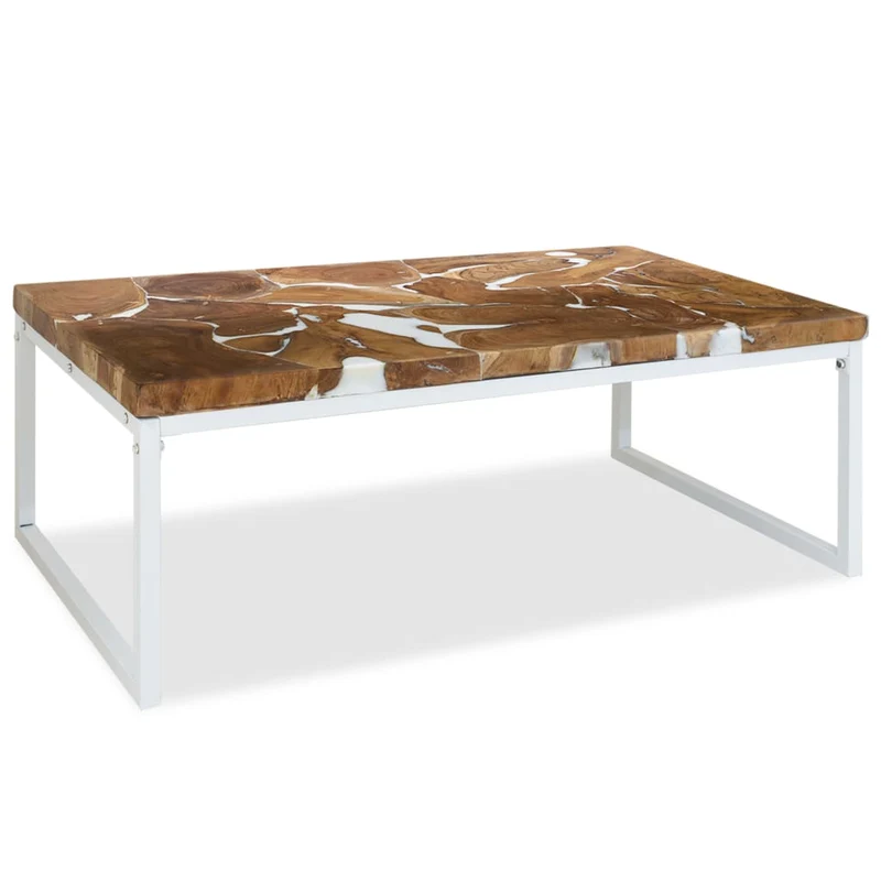 Table basse design rustique 110 x 60 x 40 cm teck véritable avec remplissage de résine acier blanc DEC040181