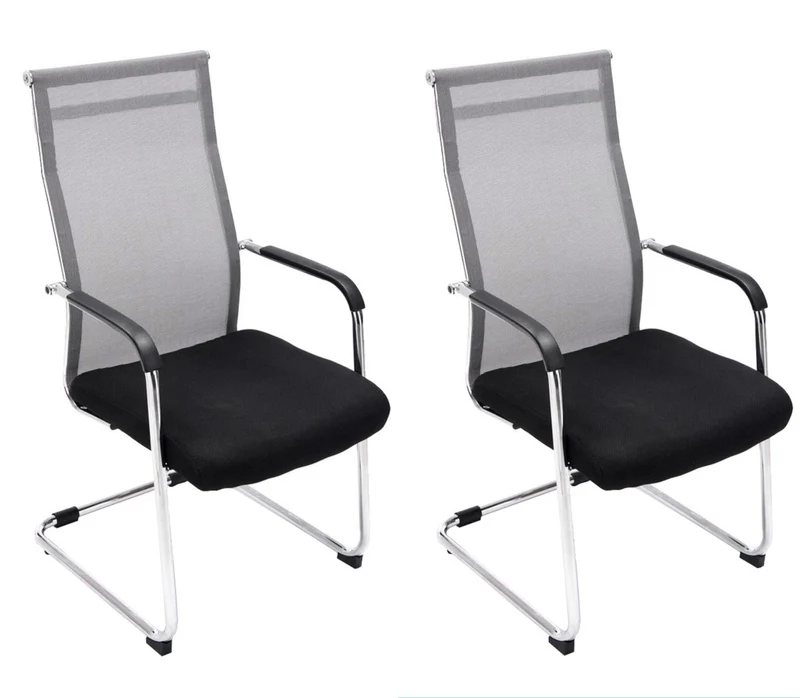 Lot de 2 fauteuils de bureau chaises visiteur avec accoudoirs en maille gris et métal chromé 10_0001890