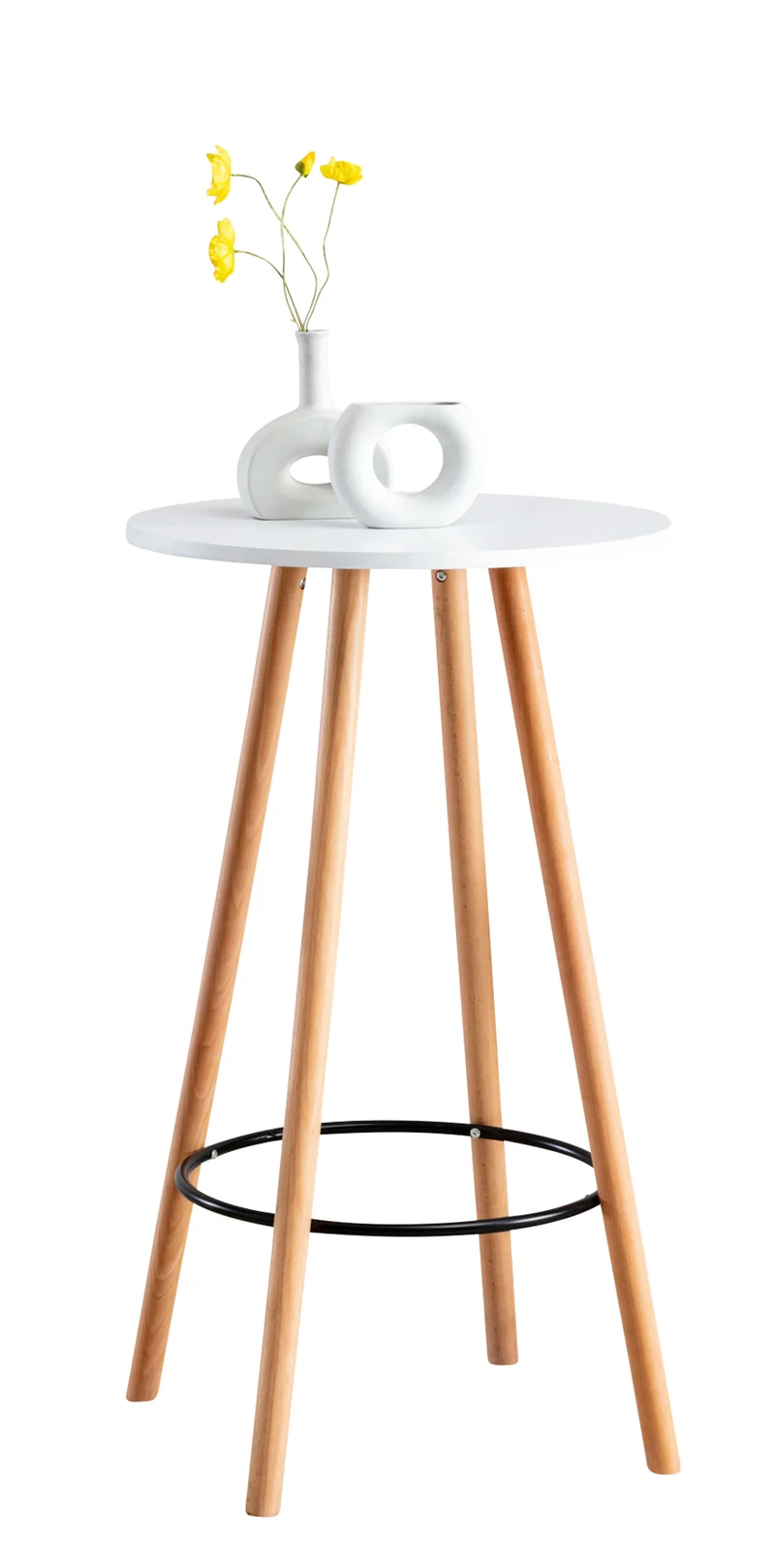 Table haute de bar avec plateau rond repose-pieds circulaire métallique plateau en bois blanc 10_0005525