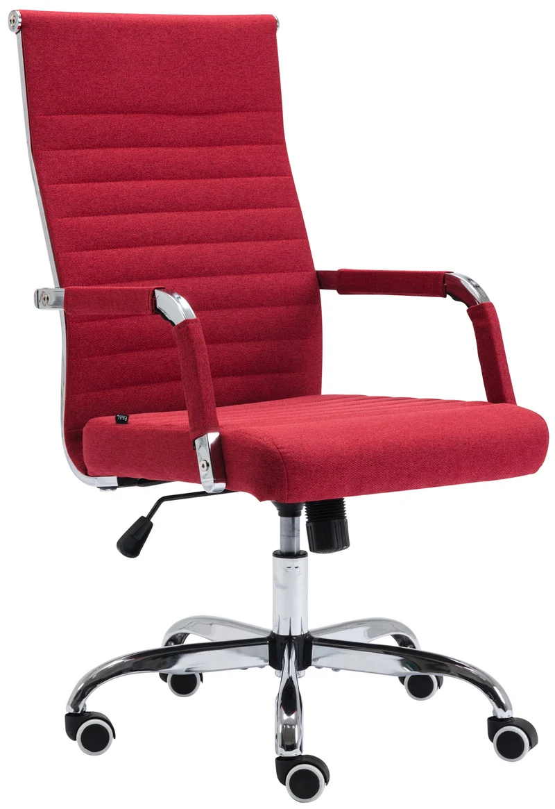 Fauteuil de bureau sur roulettes confortable hauteur réglable en tissu rouge cadre métal chromé BUR10581