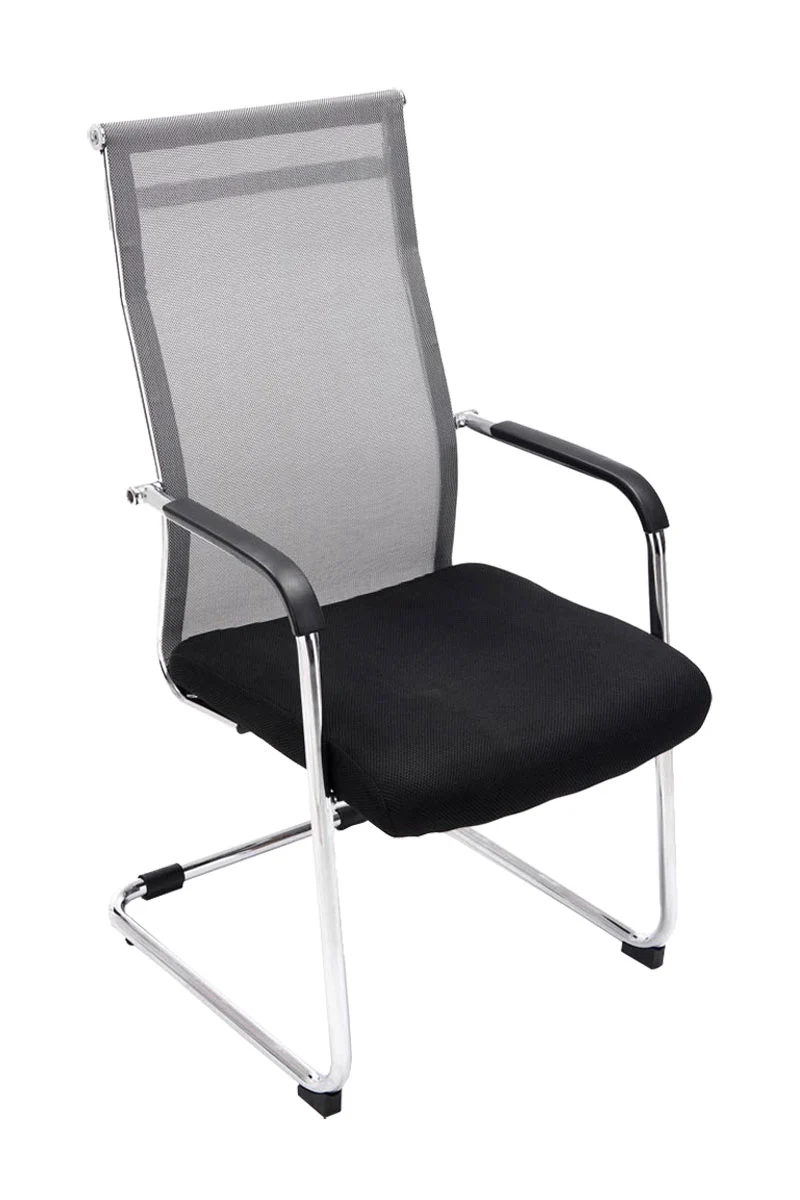 Chaise de bureau fauteuil visiteur sans roulettes dossier haut en tissu maille gris et métal chromé 10_0003319