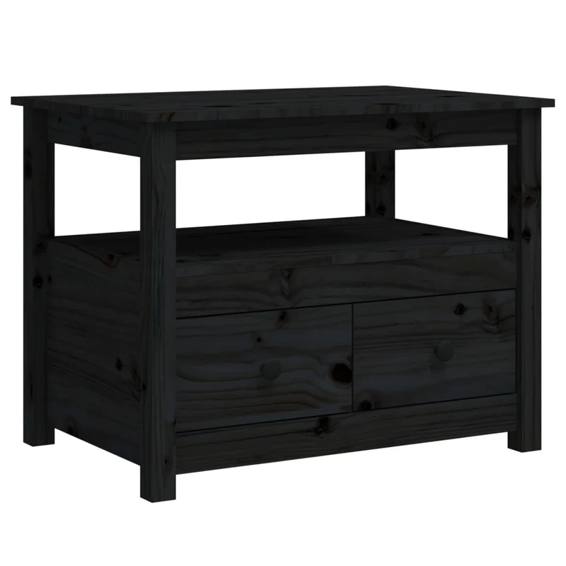 Table basse avec étagère ouverte et 2 tiroirs design rustique 71 x 49 x 55 cm bois massif de pin noir DEC039745
