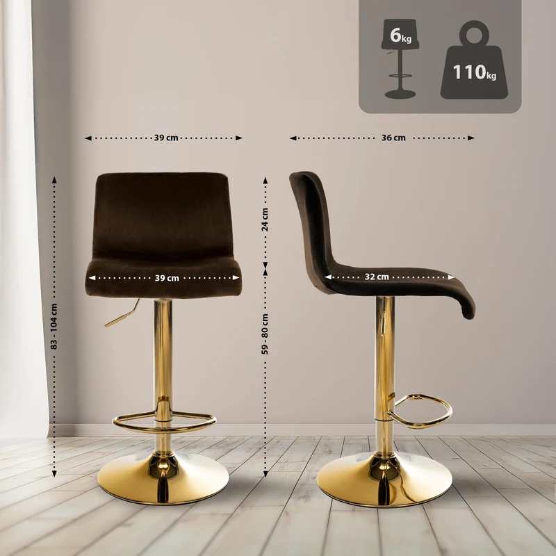 Tabouret de bar x1 réglable en hauteur en velours marron avec dossier repose-pieds et rotation 360° 10_0006272